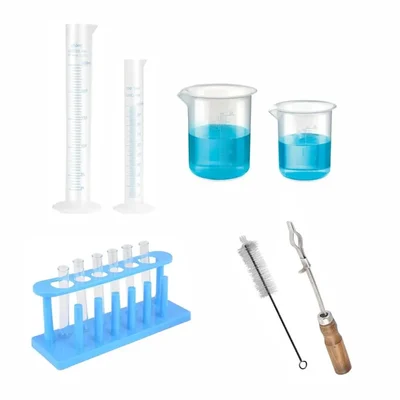 VVS Kit Pack of 13 Lab Products Plastic Cylinder 100ml 250ml Beaker 25ml 50ml Stand Holder Brush Test Tubes 15X125MM