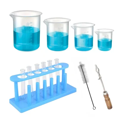 VVS Combo Pack of 13 Products Polypropylene Beaker 100ml 250ml 500ml 1000ml Stand Holder Brush Test Tubes 15X125MM