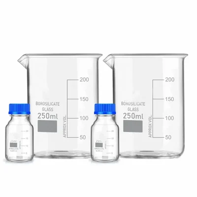VVS Borosilicate Glass Measuring Beaker 250ml 25ml & Reagent Bottle Blue Screw Cap Pack of 4 for Lab