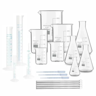 VVS Borosilicate 3.3 Glass Beaker Conical Flask Stirring Rod & Plastic Cylinder Dropper Pack of 20 for Lab