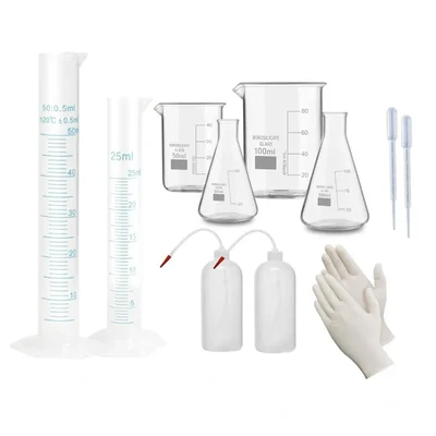 VVS Borosilicate Beaker Conical Cylinder Wash Bottle Dropper Gloves Kit Pack of 11 For Lab Experiment