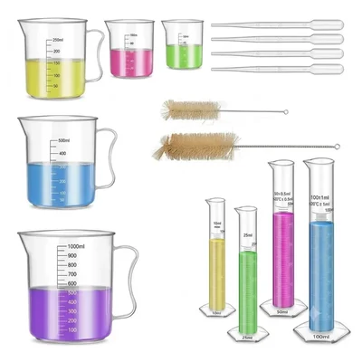 VVS Polypropylene Plastic Measuring Jugs Beaker Cylinder Dropper Brush Pack 15 For Lab Experiments