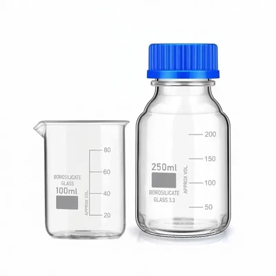 VVS Borosilicate Glass Measuring Beaker 100ml Reagent Bottle 250ml Blue Cap Pack of 2 For Lab