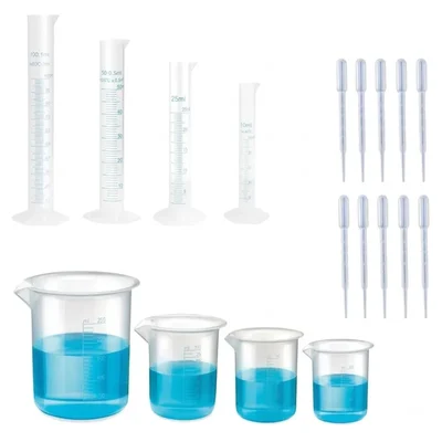 VVS Plastic Beaker 25ml 50ml 100ml 250ml Cylinder 10ml 25ml 50ml 100ml Dropper 3ml Pack of 18