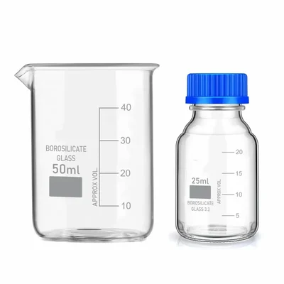 VVS Borosilicate Glass Beaker 50ml & 25ml Reagent Bottle Blue Cap pack of 2 Chemical Lab