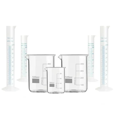 VVS 3.3 Glass Beaker 500ml 2pcs & 100ml Plastic Cylinder 50ml 2pcs 100ml 2pcs Pack of 7 Lab