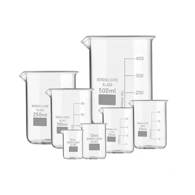 VVS 3.3 Glass Beaker 5 ml, 10ml, 25 ml, 50 ml, 100 ml, 250 ml, 500 ml Graduation Marks Beakers Pack of 7 Lab
