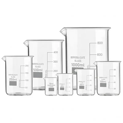VVS 3.3 Glass Beaker 10ml, 25ml, 50ml, 100ml, 250ml, 500ml, 1000ml Graduation Marks Set of 7 Academic Chemistry Lab