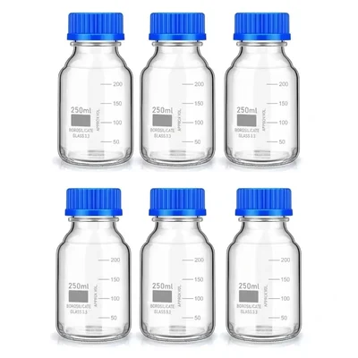 VVS Glass Reagent Bottle 250ml Blue Screw Cap pack of 6 Wide Mouth Chemistry Lab Sample