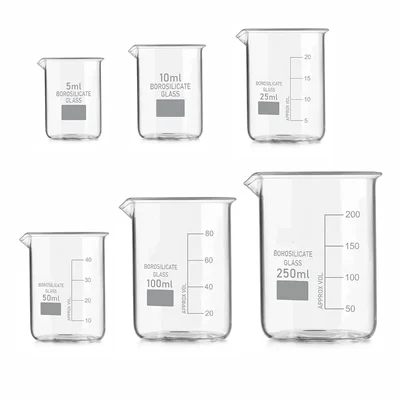 VVS 3.3 Glass Beakers  5 ml 10 ml 25 ml 50 ml 100 ml & 250 ml Graduation Marks Combo of 6 School Chemistry Lab