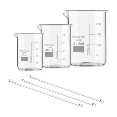 VVS 3.3 Glass Beaker 50ml 100ml 250ml With Glass Stirring Rod 200mmX6mm 3pcs Pack of 6 Lab