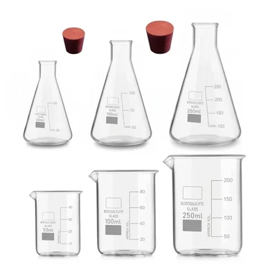 VVS 3.3 Glass Beakers & Conical Flask 50ml 100ml 250ml Rubber Cork Combo of 8 School Lab