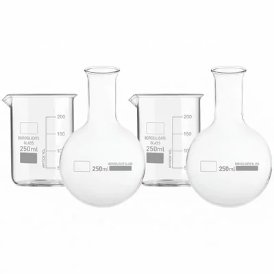 VVS 3.3 Glass Beaker 100ml 2pcs & Round Bottom Boiling Flask 100ml 2pcs Pack of 4 School Lab