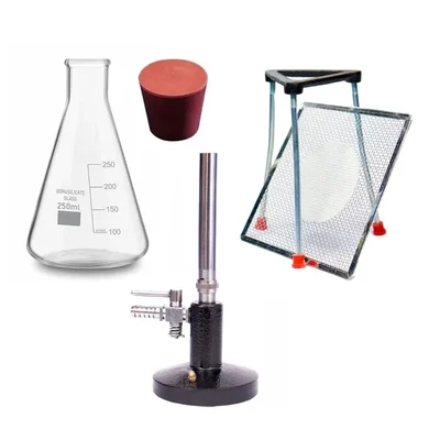VVS Glass Conical Flask 250ml Tripod Iron Stand Wire Gauge Bunsen Burner Brass Pipe Rubber Cork Combo 5