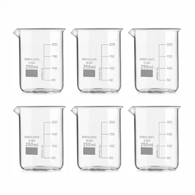 VVS 250ml 3.3 Borosilicate Pack of 6 Graduated Glass Low Form Science Lab Beaker