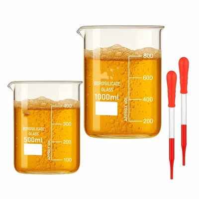 VVS 500ml 1000ml Beaker & 4 Inch Glass Dropper Pack of 4 Red Rubber Cap Lab Transfer Set