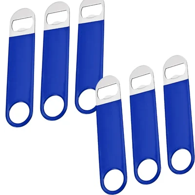 Blue Vinyl Coated Stainless Steel Flat Bottle Opener, Pack of 6, Non-Slip Grip for Bartenders, Kitchens, Pubs & Parties