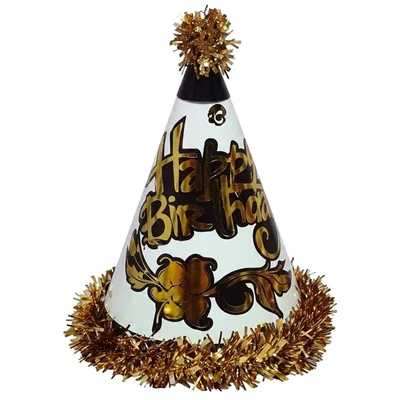 Pack of 10 Colourful Happy Birthday Golden & White Colour Party Themed Frill Birthday Cap for Party (500 Pcs/50 Pack)