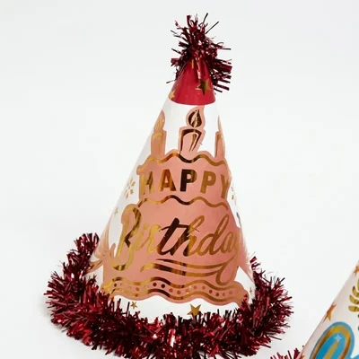 Pack of 10 Colourful Happy Birthday Red & White Colour Party Themed Frill Birthday Cap for Party (500 Pcs/50 Pack)