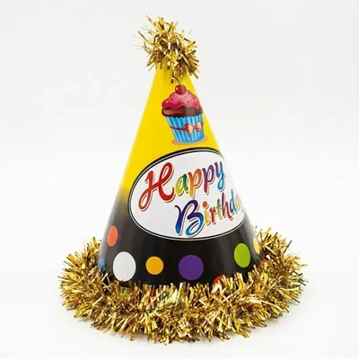 Pack of 10 Colourful Happy Birthday Golden Colour Party Themed Frill Birthday Cap for Party (1000 Pcs/100 Pack)