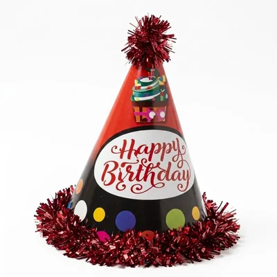 Pack of 10 Colourful Happy Birthday Red Colour Party Themed Frill Birthday Cap for Party (500 Pcs/50 Pack)