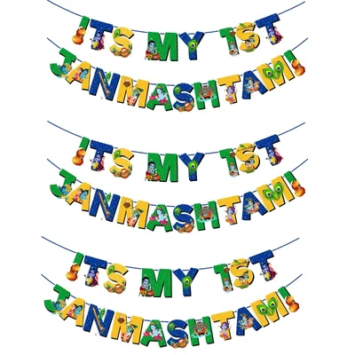 Pack of 3, Multicolor ITS MY 1ST JANMASHTAMI Paper Banner With Ribbon, for Janmashtami Celebration
