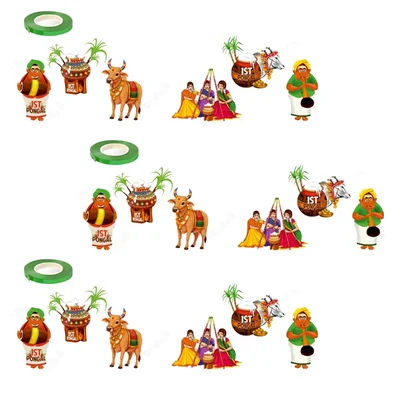 Pack of 3, 7 Pcs Pongal Festival Decorations Item, 1st Pongal Festival ith Pots, Bulls, Farmers and Sugarcane Design