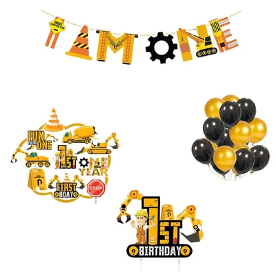 Pack of 2, 37 Pcs Under Construction Theme 1st Birthday Cake & Cupcake Toppers with I AM ONE Banner and Balloons for Boy