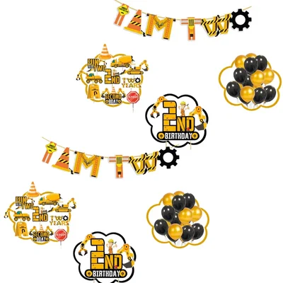 Pack of 2, 37 Pcs Under Construction Theme 2nd Birthday Cake & Cupcake Toppers with I AM TWO Banner and Balloons for Boy