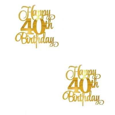 Pack of 2, Happy 40th Birthday Cake Topper, Gold Acrylic, Elegant Script Design for Milestone Celebration