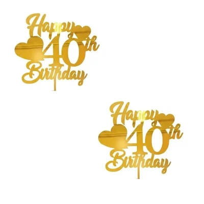 Pack of 2, Happy 40th Birthday Cake Topper, Gold Acrylic, Elegant Script with Heart Design for Milestone Celebration