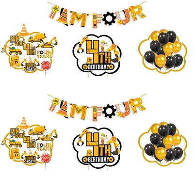 Pack of 2, 37 Pcs Under Construction Theme 4th Birthday Cake & Cupcake Toppers with I AM FOUR Banner and Balloons
