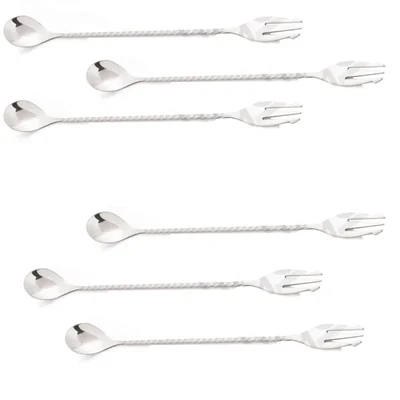 Pack of 6, 12 inch Stainless Steel Bar Spoon with Fork Tail, Commercial Bar Stirring Tool
