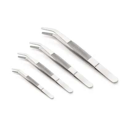 Combo of 6,8,10,12-Inch Stainless Steel Bent Shape Garnish Tweezers for Plating and Culinary Decoration