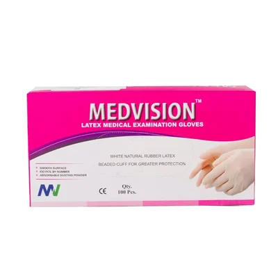 Medvision Non-Sterile Powdered Latex Examination Gloves Smooth Surface Beaded Cuff (L)