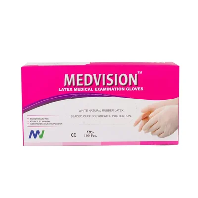 Medvision Non-Sterile Powdered Latex Examination Gloves Smooth Surface Beaded Cuff (M)