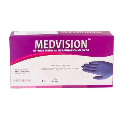 Medvision Non-Sterile Powdered Nitrile Examination Gloves Smooth Surface Beaded Cuff (L)
