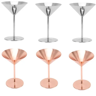 Combo of 3pcs Copper and 3pcs Stainless Steel Martini Glass, Unbreakable Metallic Cocktail Coupe