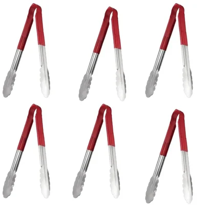 Pack of 6, Stainless Steel 30cm Utility Tongs, Red Vinyl Coated Heat-Resistant Non-Slip Handle for Commercial Kitchen