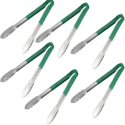 Pack of 6, Stainless Steel 30cm Utility Tongs, Green Vinyl Coated Heat-Resistant Non-Slip Handle for Commercial Kitchen