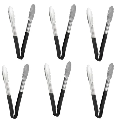 Pack of 6, Stainless Steel 30cm Utility Tongs, Black Vinyl Coated Heat-Resistant Non-Slip Handle for Commercial Kitchen
