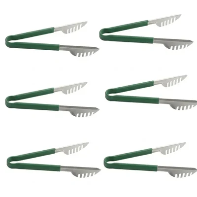 Pack of 6, Stainless Steel 24cm Round Fork Spaghetti Tongs, Green Vinyl Coated Non-Slip Handle for Pasta & Buffet Tool