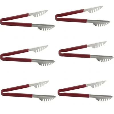 Pack of 6, Stainless Steel 24cm Round Fork Spaghetti Tongs, Red Vinyl Coated Non-Slip Handle for Pasta & Buffet Tool