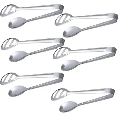 Pack of 6, Stainless Steel 19cm Round Slotted Salad Tongs, Drain Head for Commercial Kitchen & Buffet Tool