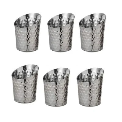 Pack of 6, Hammered Stainless Steel Angled French Fry Cup 3.38x4.75 Inch for Restaurant Food Service and Home Serving