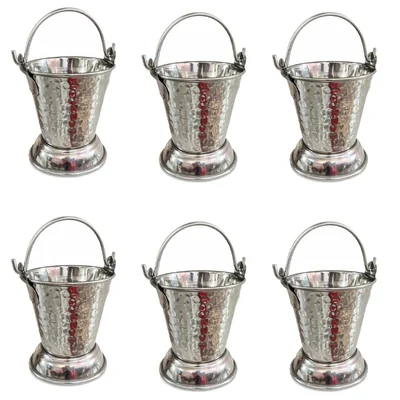 Pack of 6, 350ml Hammered Stainless Steel Serving Bucket with Handles and Base for Food Presentation and Home Serving