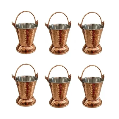 Pack of 6, 900ml Hammered Copper Serving Bucket with Handles and Base for Food Presentation and Home Serving