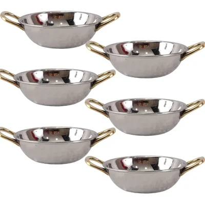 Pack of 6, 800ml Hammered Stainless Steel Serving Kadai with Handles for Restaurant Food Presentation and Home Dining