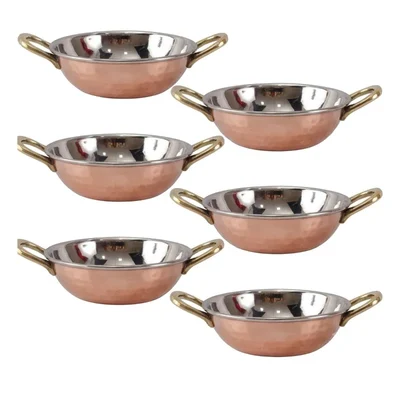 Pack of 6, 500ml Hammered Copper Serving Kadai with Handles for Restaurant Food Presentation and Home Dining