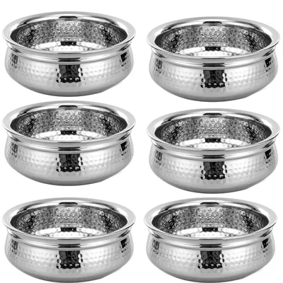Pack of 6, 400ml Hammered Stainless Steel Serving Handi for Sauce, Chutney and Curry Presentation